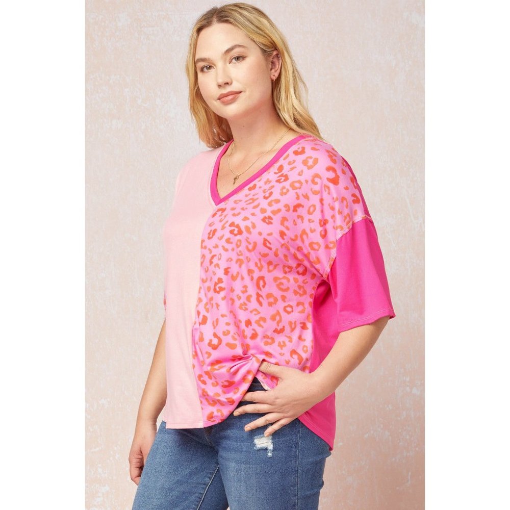 Entro Color Block Leopard Top, Pink - Picture 4 of 7